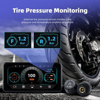 Sash Gears S8 Smart Riding Display with 6.25 inch touchscreen, wireless Apple CarPlay, Android Auto, dual 1080P cameras, GPS speed display and TPMS