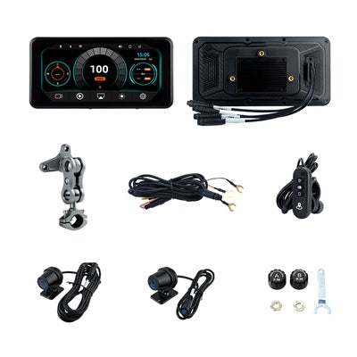Sash Gears S8 Smart Riding Display with 6.25 inch touchscreen, wireless Apple CarPlay, Android Auto, dual 1080P cameras, GPS speed display and TPMS