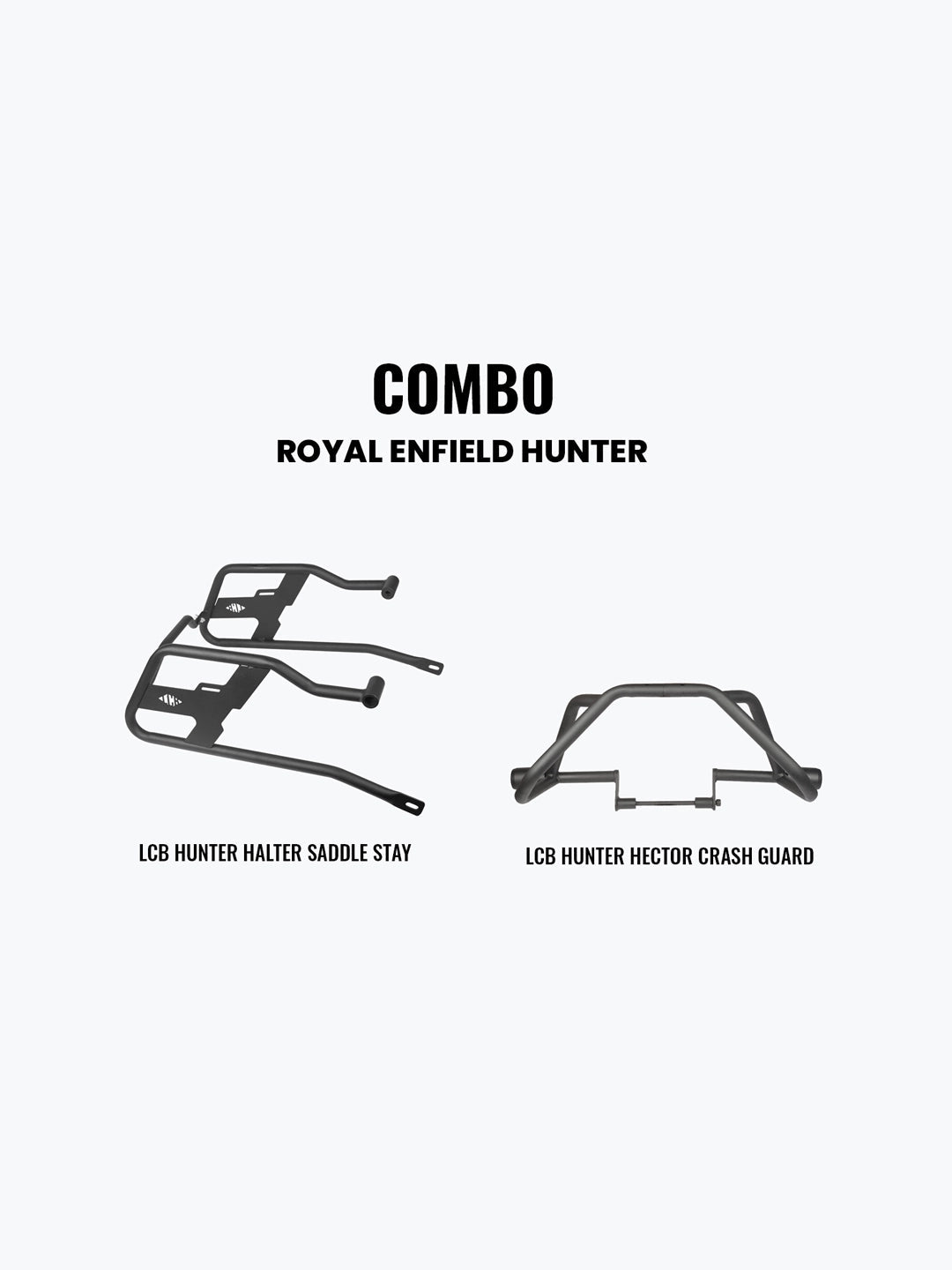 Legundary Custom Hunter 350 crash guard and Halter saddle stay combo black mild steel engine protection luggage support