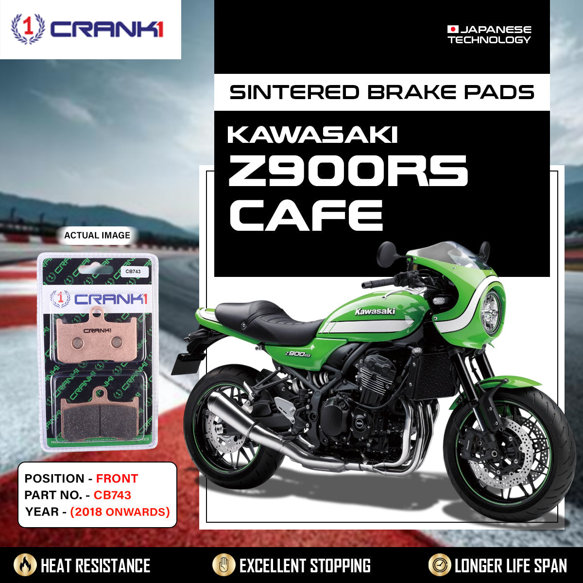 CRANK1 CB743 Sintered Front Brake Pads for Kawasaki Z900RS Cafe (2018 Onwards) - High Performance Motorcycle Brake Pads
