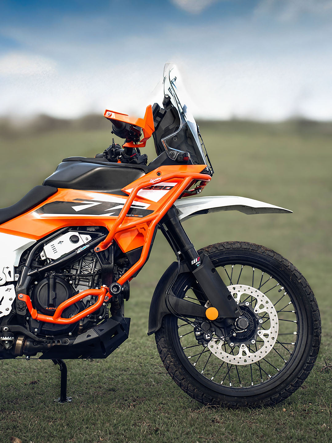 Legundary Custom KTM ADV 390 2025 Raptor crash guard orange mild steel engine protection guard