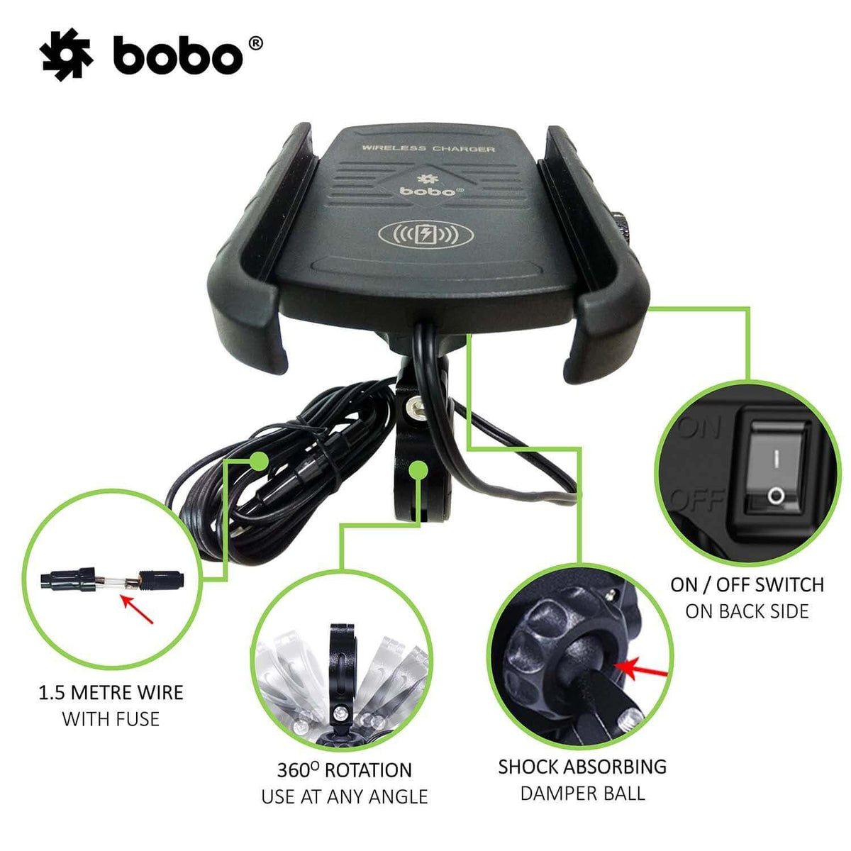 BOBO BM6 motorcycle phone holder with 15W wireless charger jaw grip bike mobile mount handlebar smartphone holder