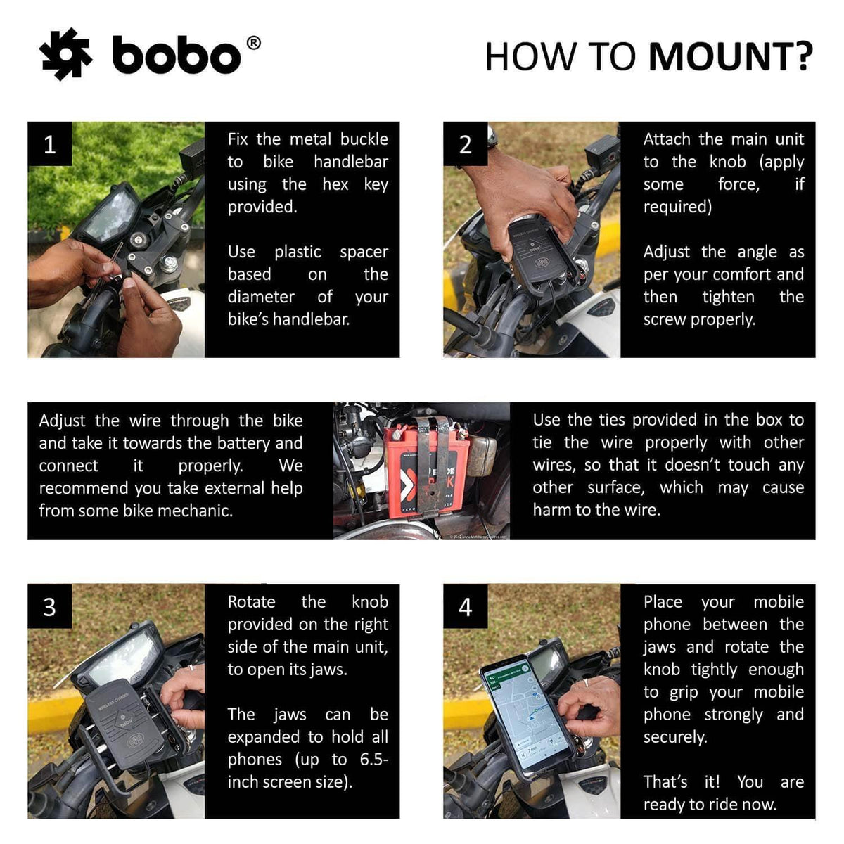 BOBO BM6 motorcycle phone holder with 15W wireless charger jaw grip bike mobile mount handlebar smartphone holder