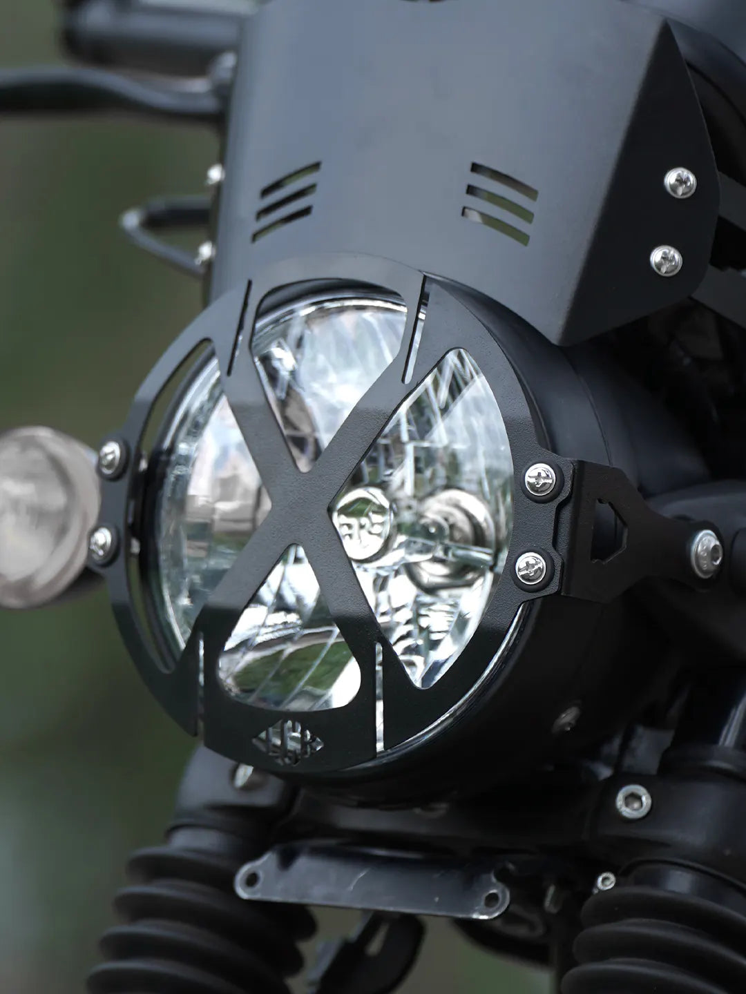Legundary Custom Hunter 350 StalkerX headlight grill black mild steel headlight protector