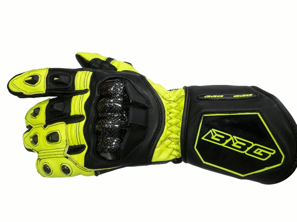 BBG RacePro motorcycle riding gloves in Black and Neon