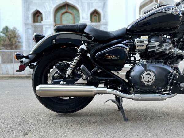 AEW TE202 performance exhaust for Royal Enfield Super Meteor 650 stainless steel and chrome variants