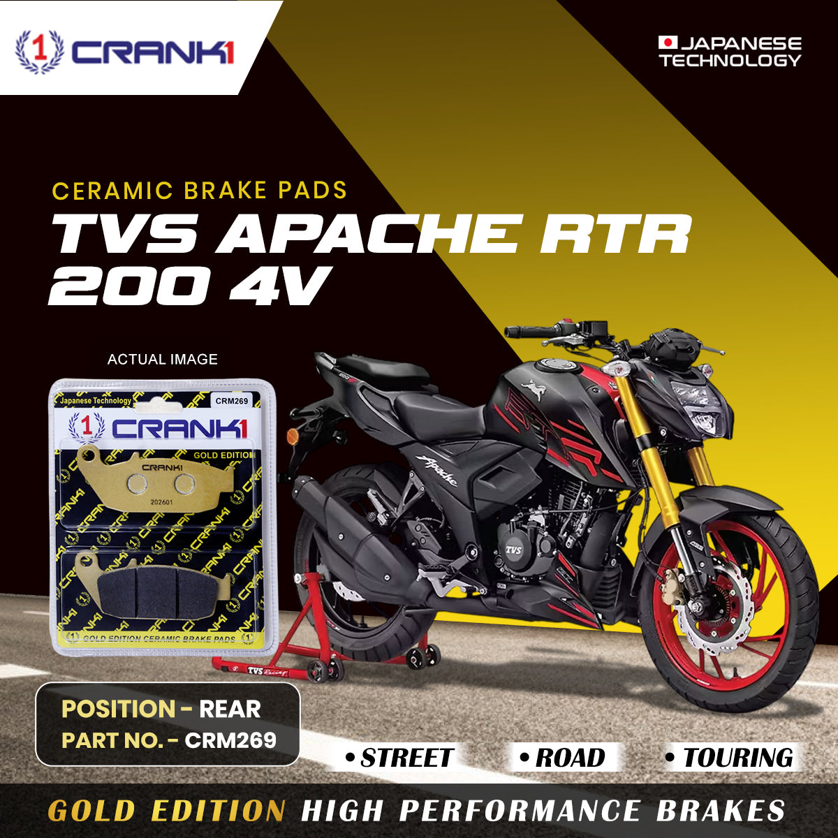CRANK1 CRM269 ceramic rear brake pads for TVS Apache RTR 160 4V
