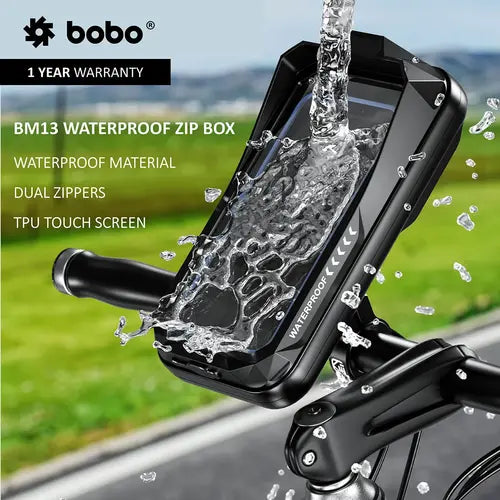 BOBO BM13 waterproof zip box phone holder mounted on motorcycle or bicycle handlebar