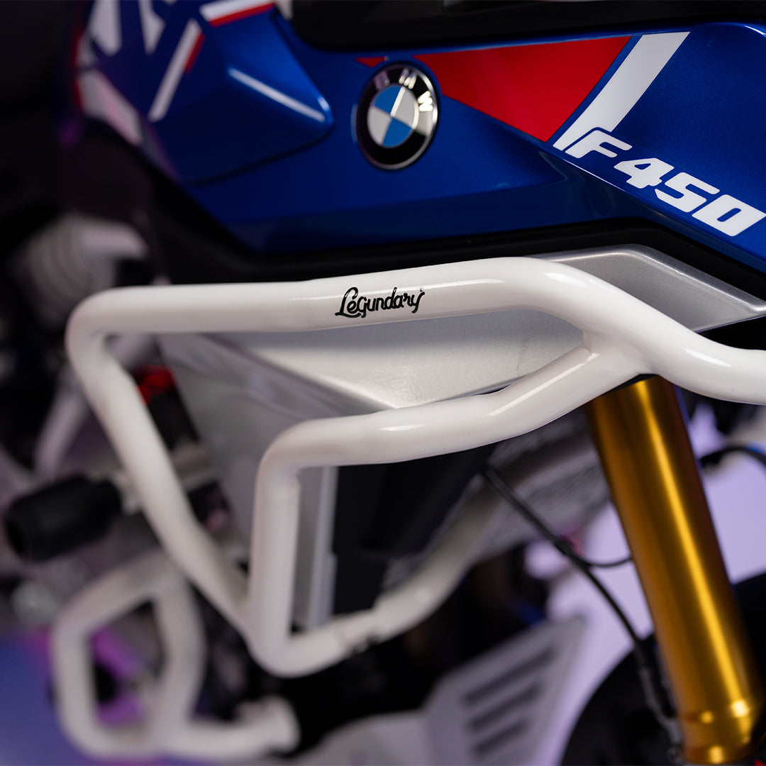 Legendary BMW F450 GS Raptor Crash Guard White heavy-duty engine crash bar