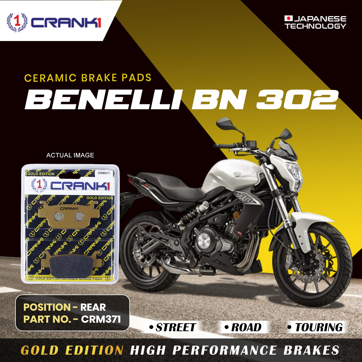 CRANK1 Ceramic Rear Brake Pads CRM371 for Benelli BN 302 HH Rated Motorcycle Brake Pads