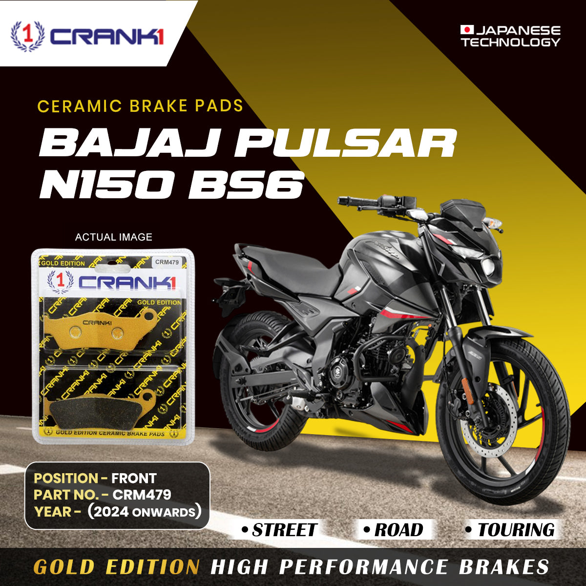 CRANK1 Ceramic Front Brake Pads CRM479 for Bajaj Pulsar N150 BS6 2024-Onwards HH Rated Motorcycle Disc Brake Pads