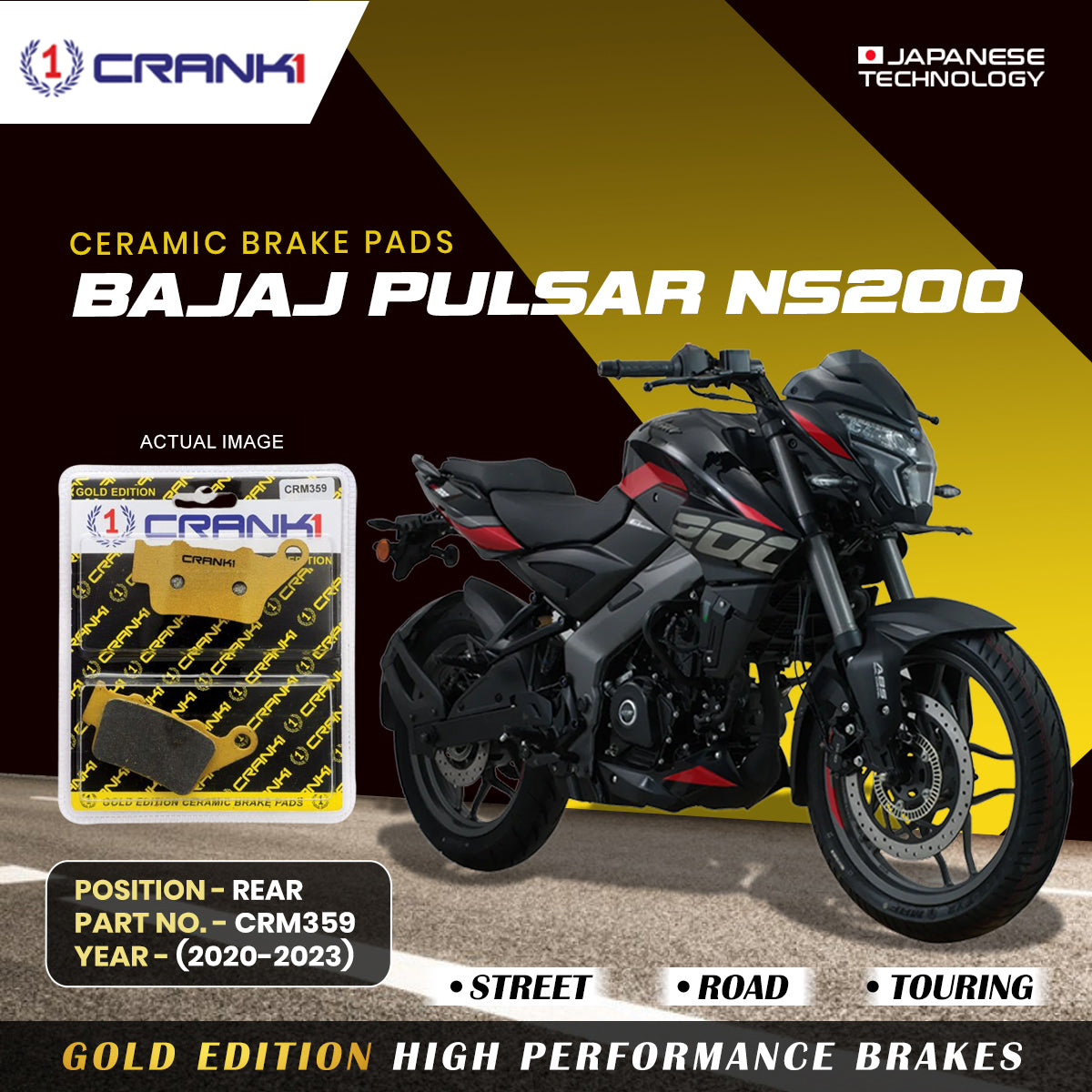 CRANK1 Ceramic Rear Brake Pads CRM359 for Bajaj Pulsar NS200 2020-2023 HH Rated Disc Brake Pads