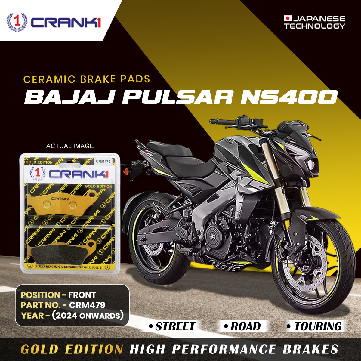 CRANK1 Ceramic Front Brake Pads CRM479 for Bajaj Pulsar NS400 2024+ HH Rated Motorcycle Disc Brake Pads