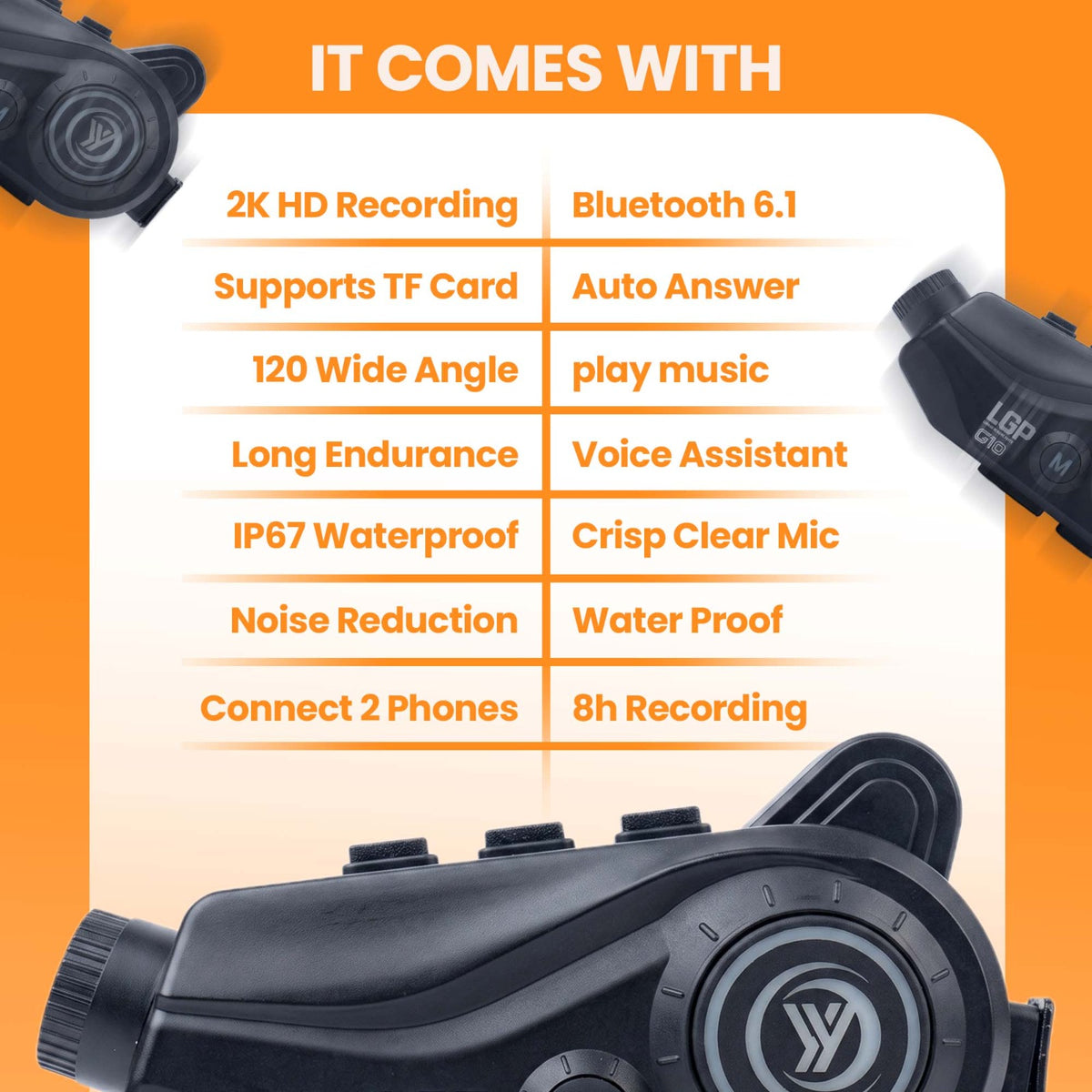 LGP G10 2K Bluetooth motorcycle helmet camera and headset
