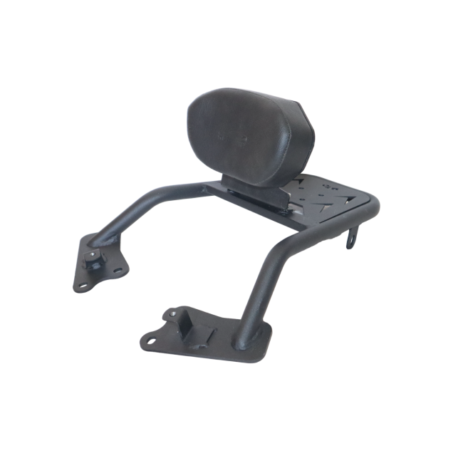 MotoCare Carrier with Backrest installed on Honda CB300F showing passenger comfort support and integrated luggage rack system