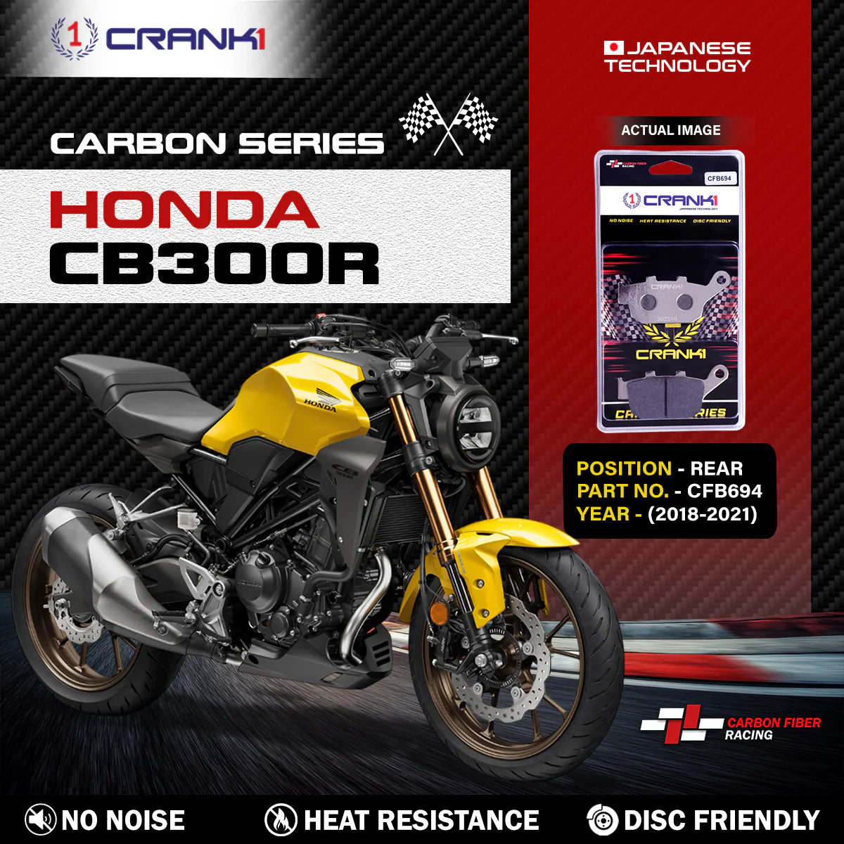 CRANK1 Carbon Rear Brake Pads CFB694 for Honda CB300R 2018-2021 High Performance Motorcycle Brake Pads