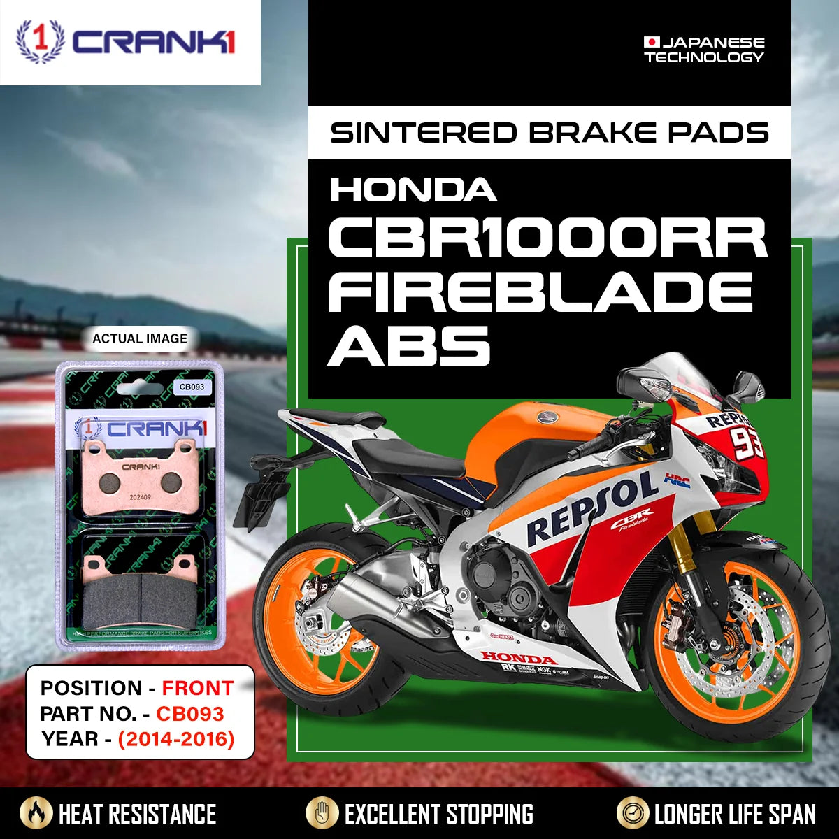 CRANK1 CB093 Sintered Front Brake Pads for Honda CBR1000RR ABS Fireblade 2014-2016 Superbike