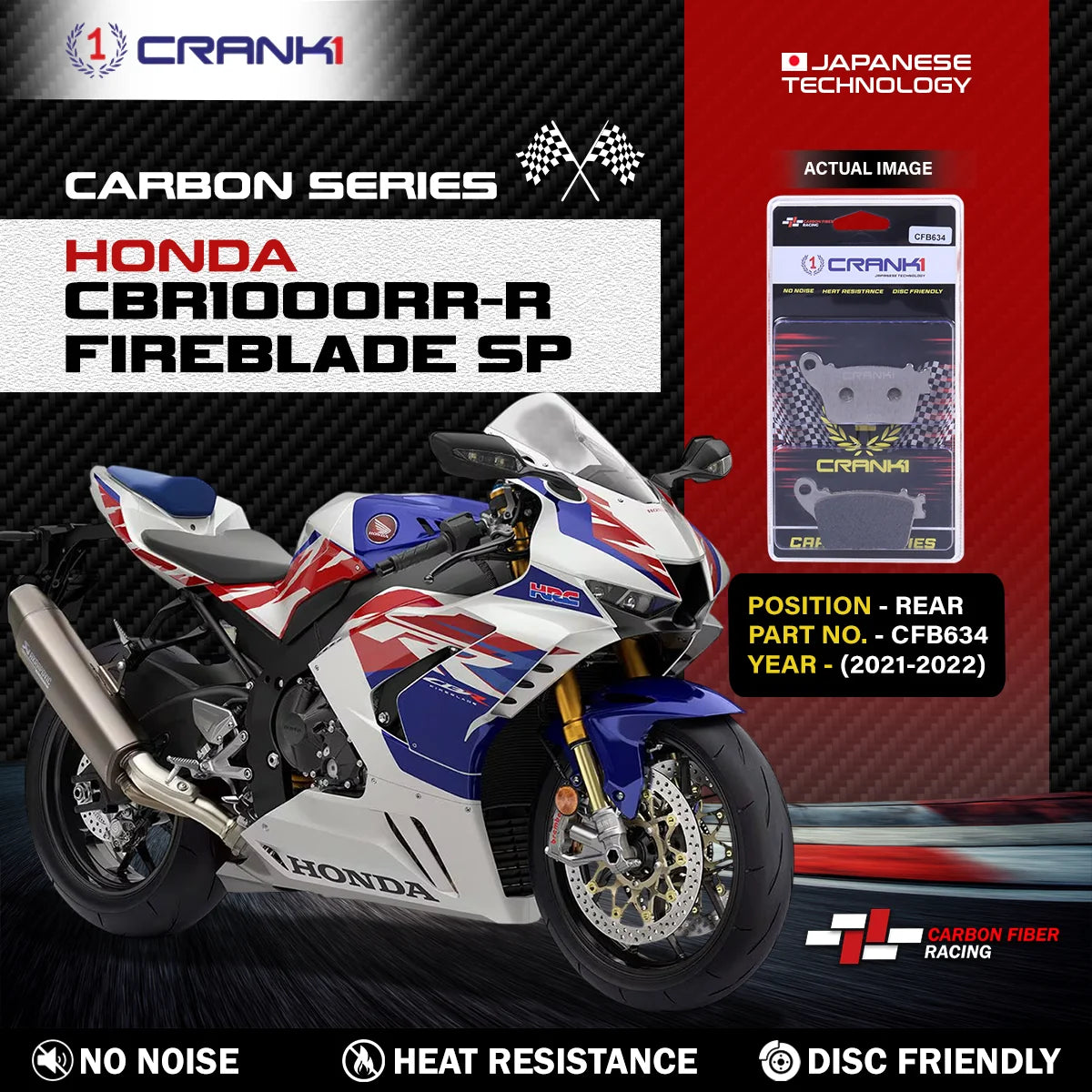 CRANK1 Carbon Brake Pads Rear For Honda CBR1000RR-R Fireblade SP 2021-2022 CFB634