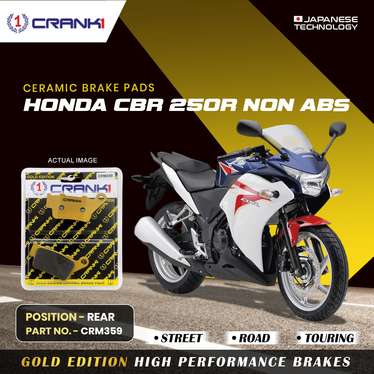 CRANK1 Ceramic Rear Brake Pads CRM359 for Honda CBR 250R Non ABS HH Rated Motorcycle Brake Pads