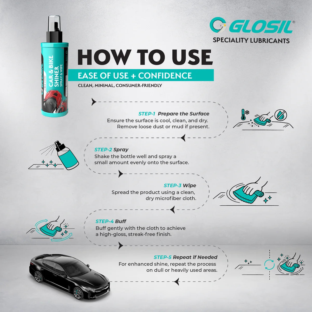 Glosil Car & Bike Shiner Spray with high-gloss polish and UV protection, 200ml