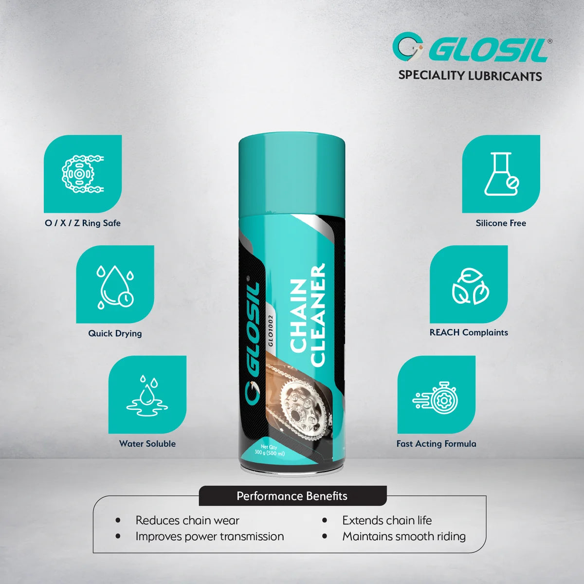 Glosil Bike Chain Cleaner Spray for motorcycles, available in 140ml and 500ml