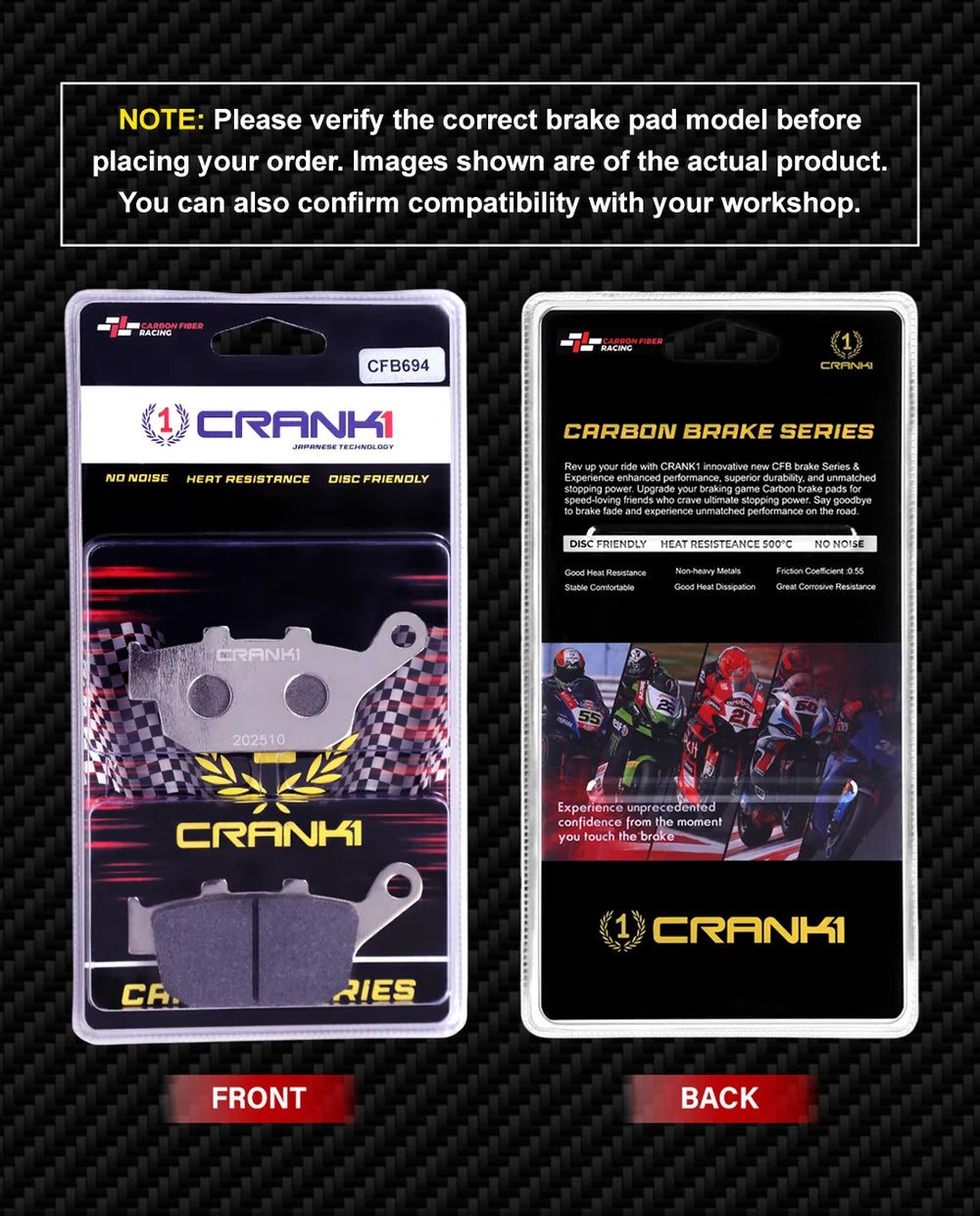 CRANK1 Carbon Brake Pads CFB694 for Honda CBR650R Rear