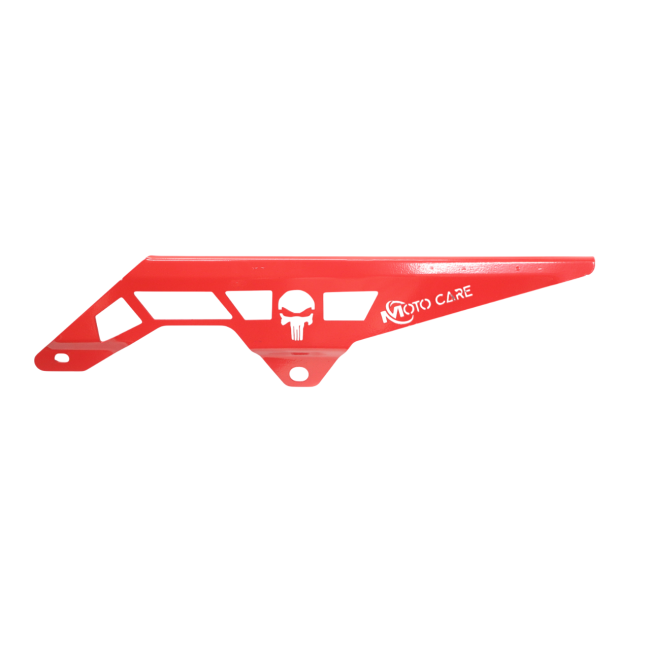 MotoCare red chain guard installed on Hero XPulse 210 protecting chain and sprocket system