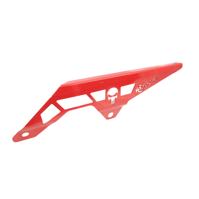 MotoCare red chain guard installed on Hero XPulse 210 protecting chain and sprocket system
