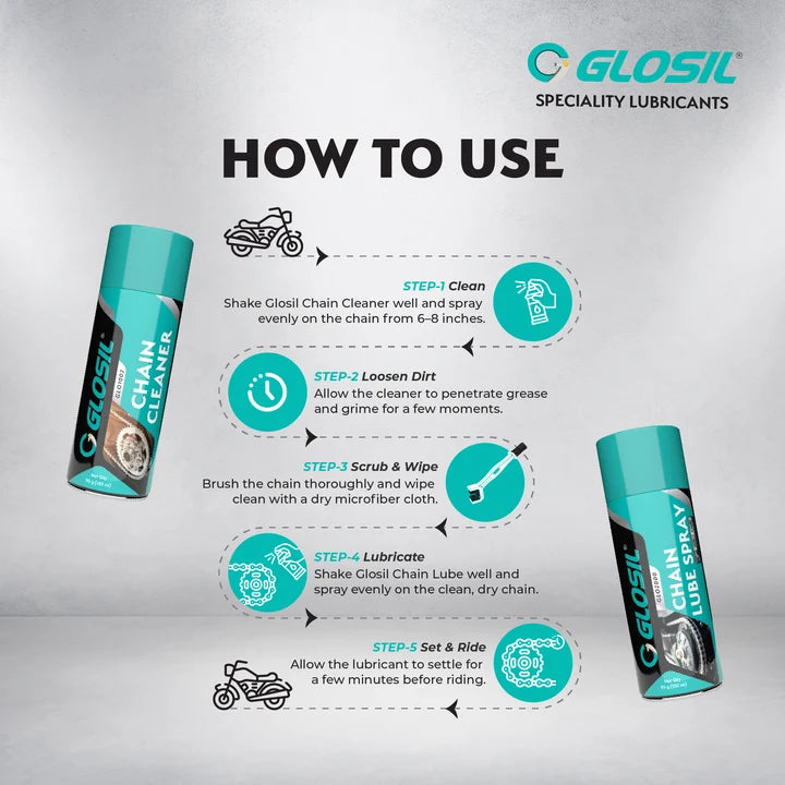Glosil motorcycle chain cleaner 140ml and chain lube 150ml combo pack