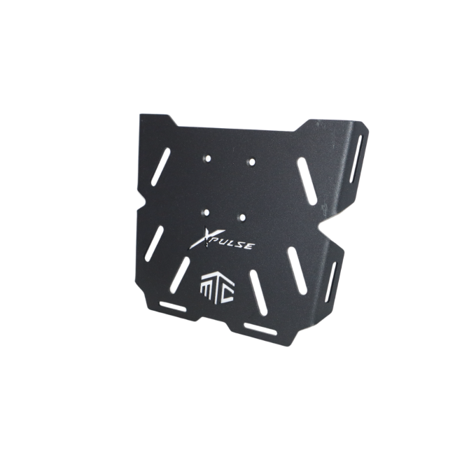 MotoCare CNC carrier plate installed on Hero Xpulse motorcycle rear rack for secure luggage mounting during touring rides