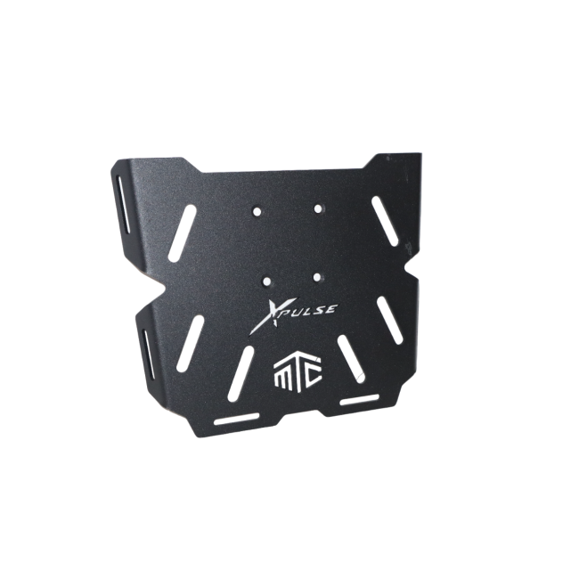 MotoCare CNC carrier plate installed on Hero Xpulse motorcycle rear rack for secure luggage mounting during touring rides