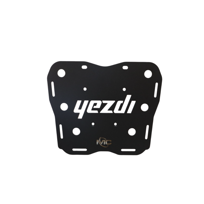 MotoCare CNC carrier plate mounted on Yezdi Adventure motorcycle rear showing heavy duty luggage support and secure mounting system