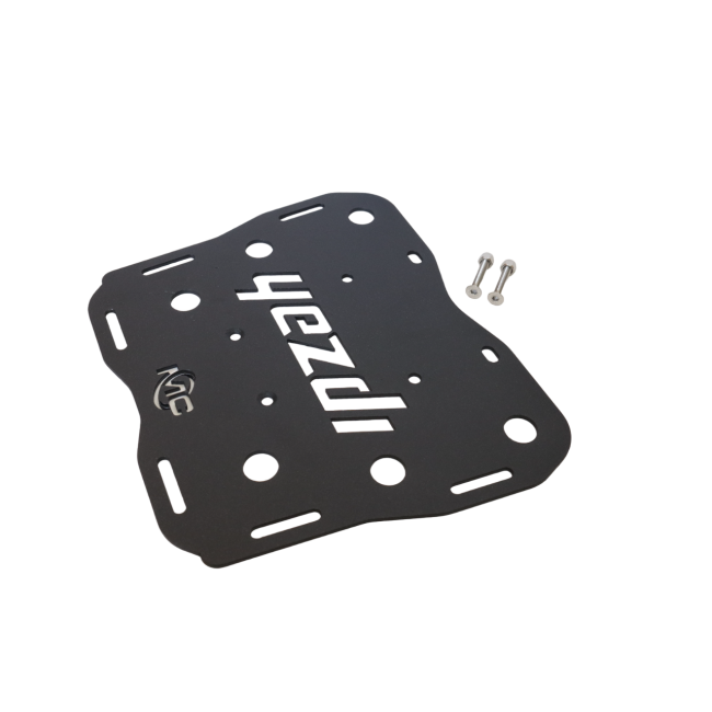 MotoCare CNC carrier plate mounted on Yezdi Adventure motorcycle rear showing heavy duty luggage support and secure mounting system