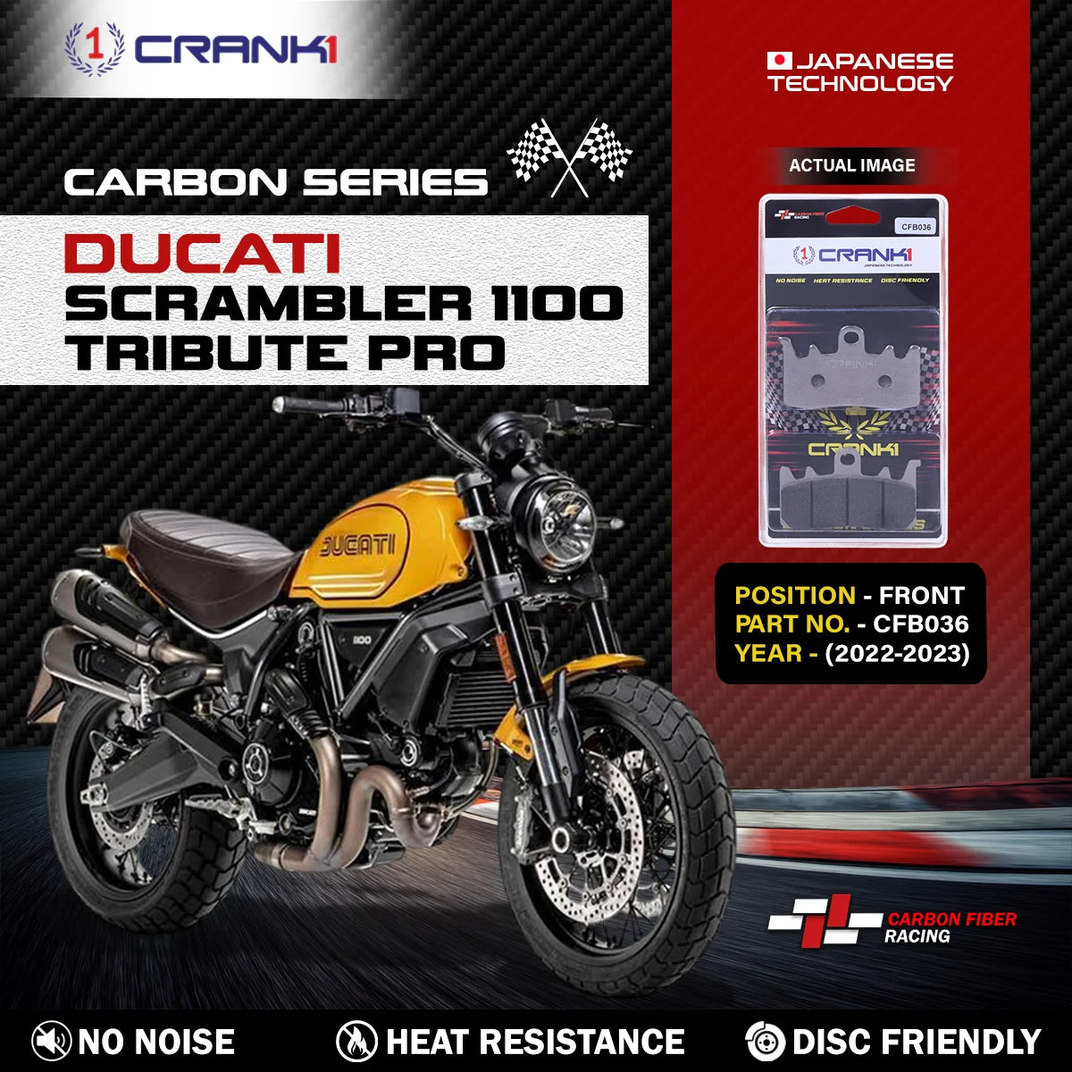 CRANK1 Carbon Front Brake Pads CFB036 for Ducati Scrambler 1100 Tribute Pro 2022-2023 Motorcycle Brake Pads 2 Sets