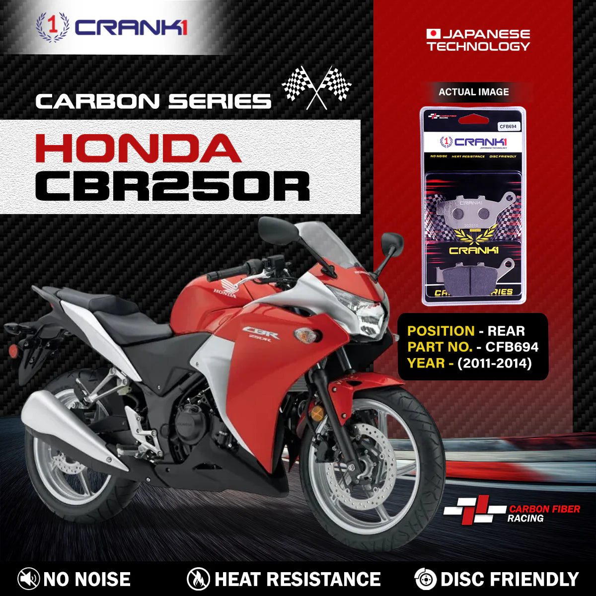 CRANK1 Carbon Rear Brake Pads CFB694 for Honda CBR250R 2011-2014 High Performance Motorcycle Brake Pads