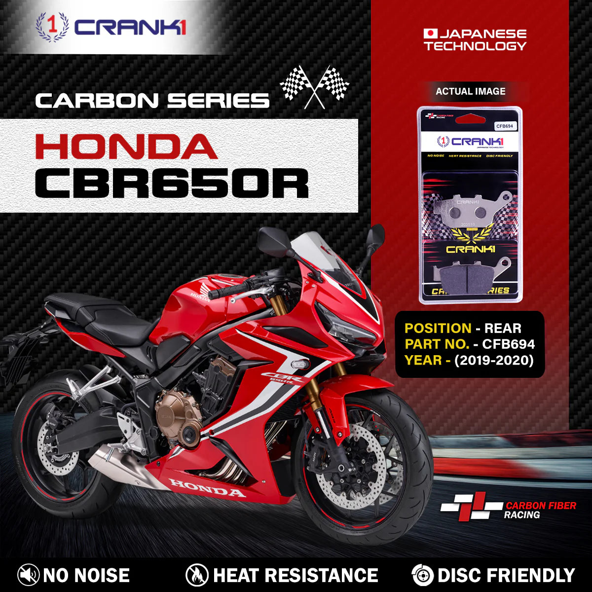 CRANK1 Carbon Rear Brake Pads CFB694 for Honda CBR650R 2019-2020 High Performance Motorcycle Brake Pads