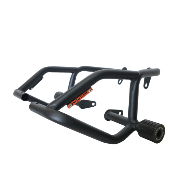 MotoCare crash guard with dual sliders installed on Yezdi Roadster motorcycle showing engine protection and rugged design