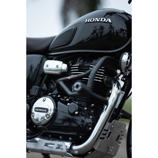 MotoCare crash guard with dual sliders installed on Honda CB350 for engine protection