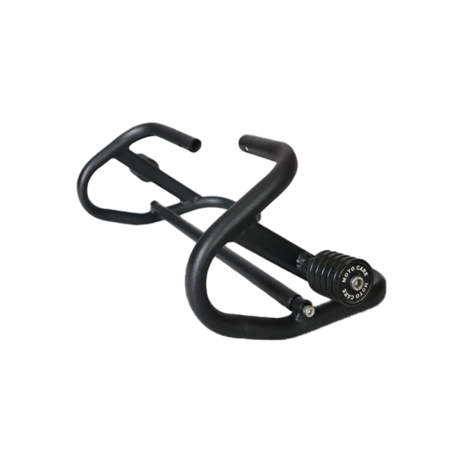 MotoCare crash guard with dual sliders mounted on Yezdi Roadster 2024 showing engine protection and impact safety design