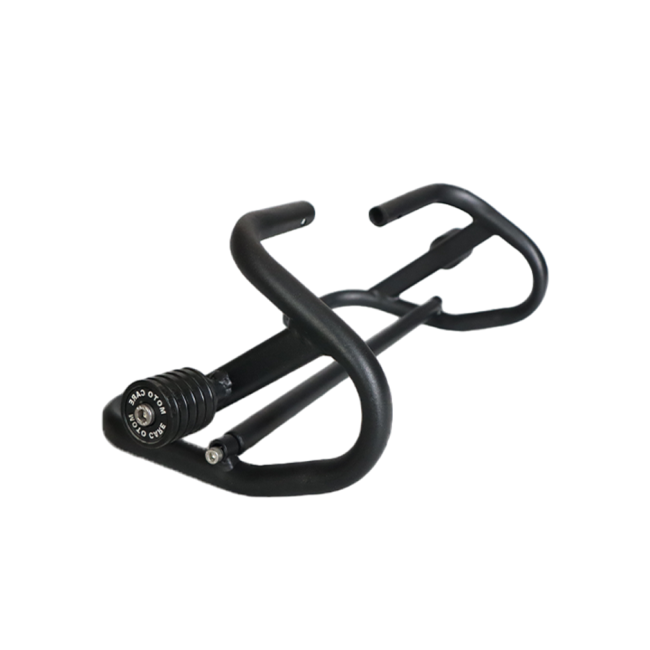 MotoCare crash guard with dual sliders mounted on Yezdi Roadster 2024 showing engine protection and impact safety design