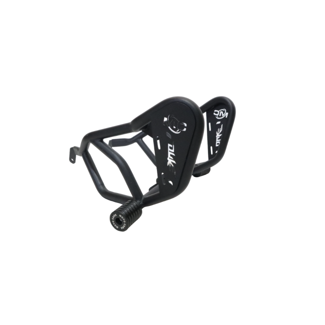 MotoCare KTM Duke 200 BS6 crash guard with dual sliders installed for engine protection and frame safety with logo branding