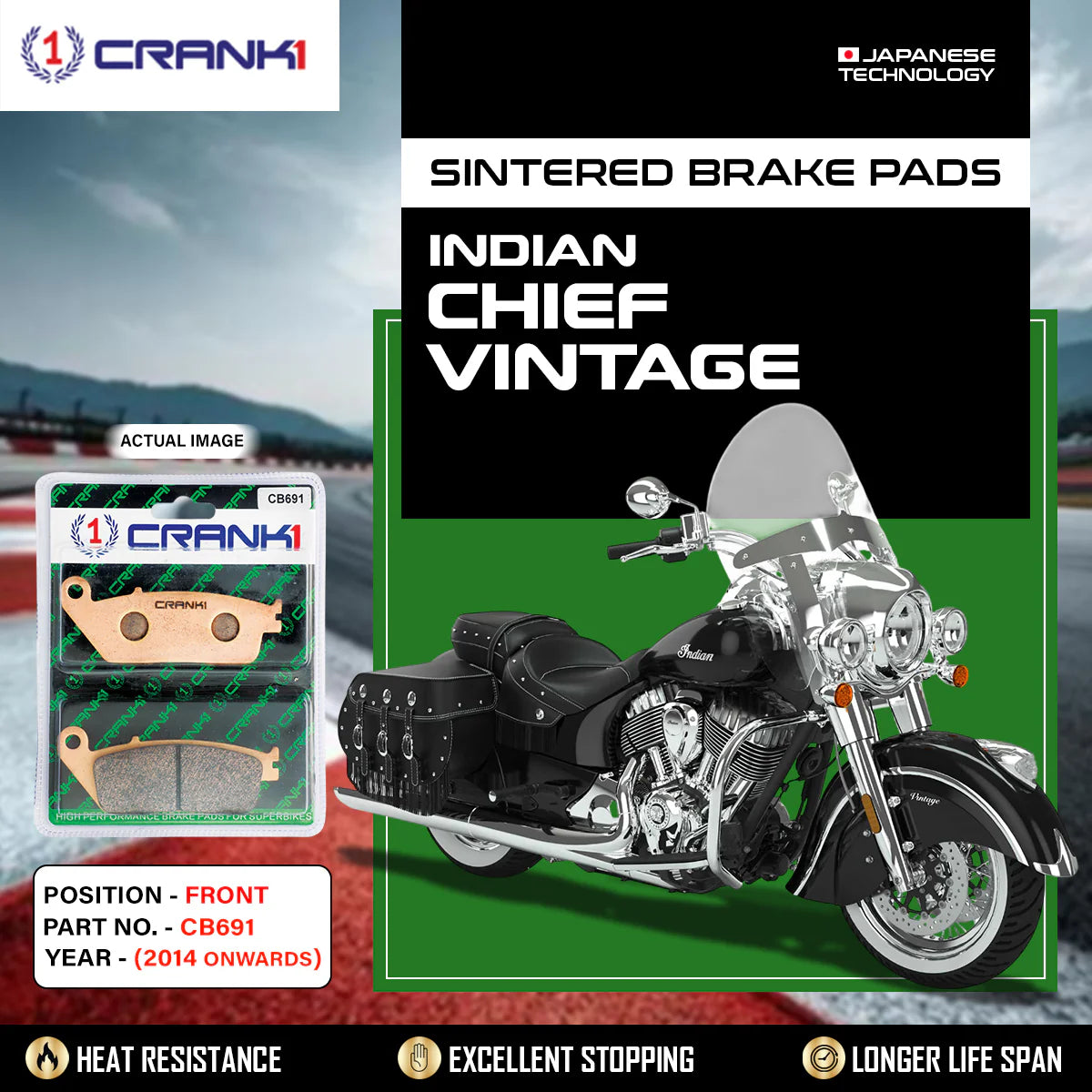 CRANK1 CB691 sintered front brake pads for Indian Chief Vintage (2014 Onwards) premium motorcycle braking upgrade.