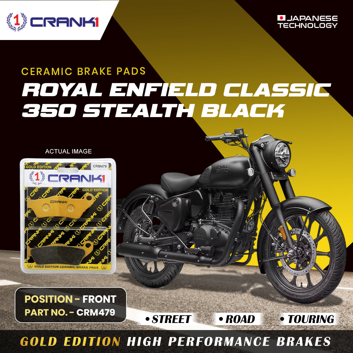 CRANK1 Ceramic Front Brake Pads for Royal Enfield Classic 350 Stealth Black