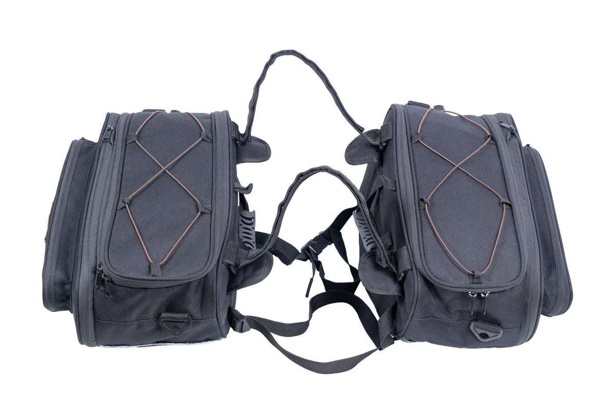 Guardian Gears Stallion Sports 45L–60L motorcycle saddlebags upswept exhaust