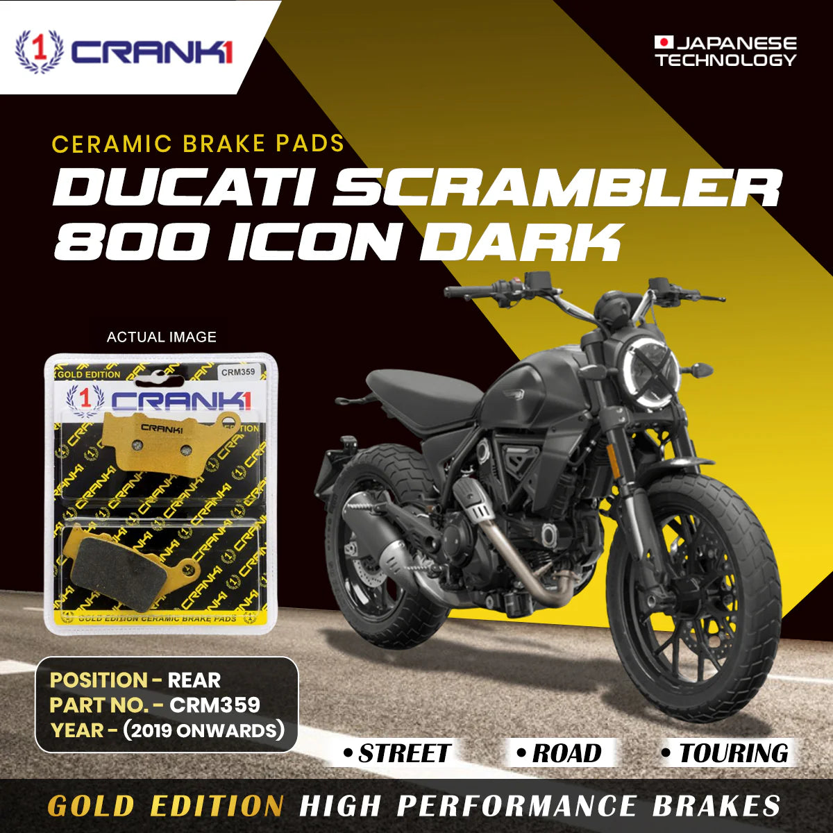 CRANK1 Ceramic Rear Brake Pads CRM359 for Ducati Scrambler Icon Dark 800 (2019-Onwards) HH Rated Motorcycle Disc Brake Pads 1 Set