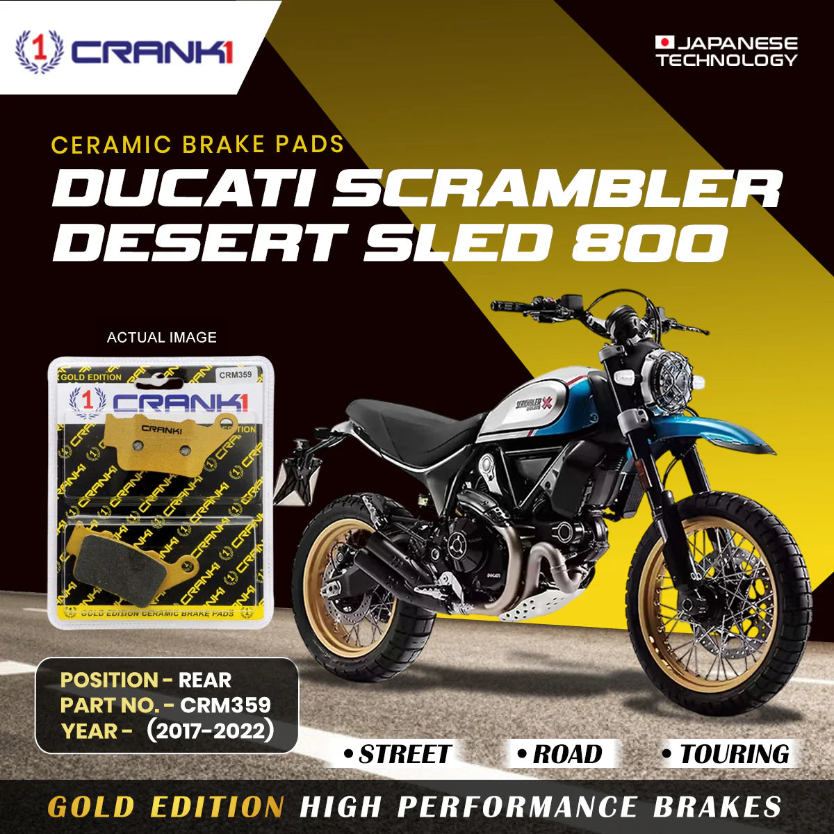 CRANK1 Ceramic Rear Brake Pads CRM359 for Ducati Scrambler Desert Sled 800 (2017-2022) HH Rated Motorcycle Disc Brake Pads 1 Set