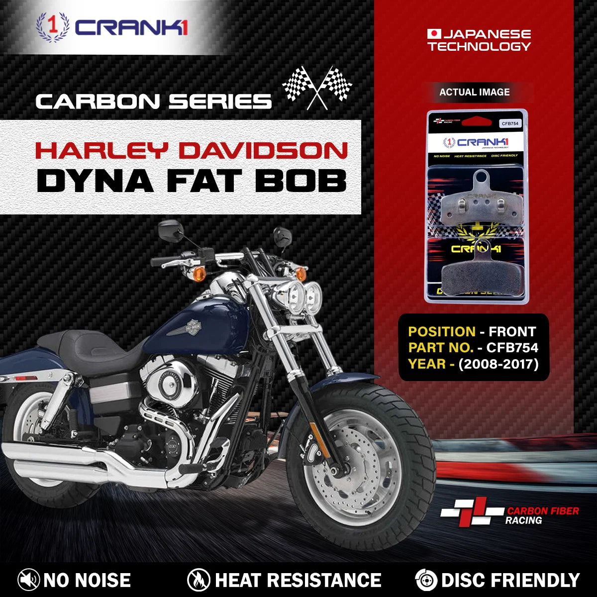 CRANK1 CFB754 carbon front brake pads for Harley-Davidson Dyna Fat Bob 2008-2017