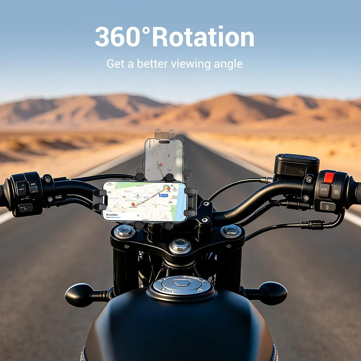 EDYELL motorcycle phone mount with 720° rotation and anti-shock vibration dampener