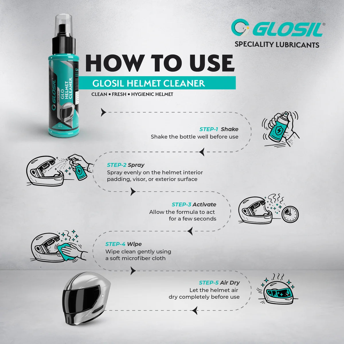 Glosil Helmet Cleaner Spray 100ml bottle for motorcycle helmet cleaning