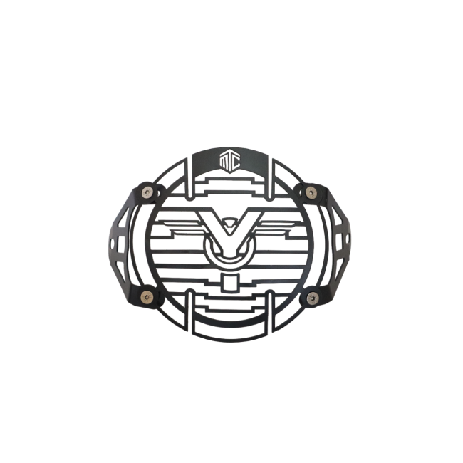 MotoCare headlight grill installed on Yezdi Adventure motorcycle front headlamp showing rugged protective guard for off-road and touring safety